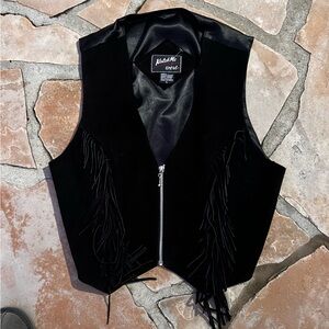 Vintage Black Suede Fringe Moto Vest – Zip Front – Western Rocker